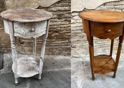 antes y después de la restauración de la mesilla